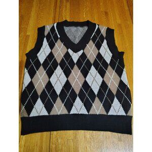 Vtg argyle knit sweater vest black brown white unbranded v-neck men's large
